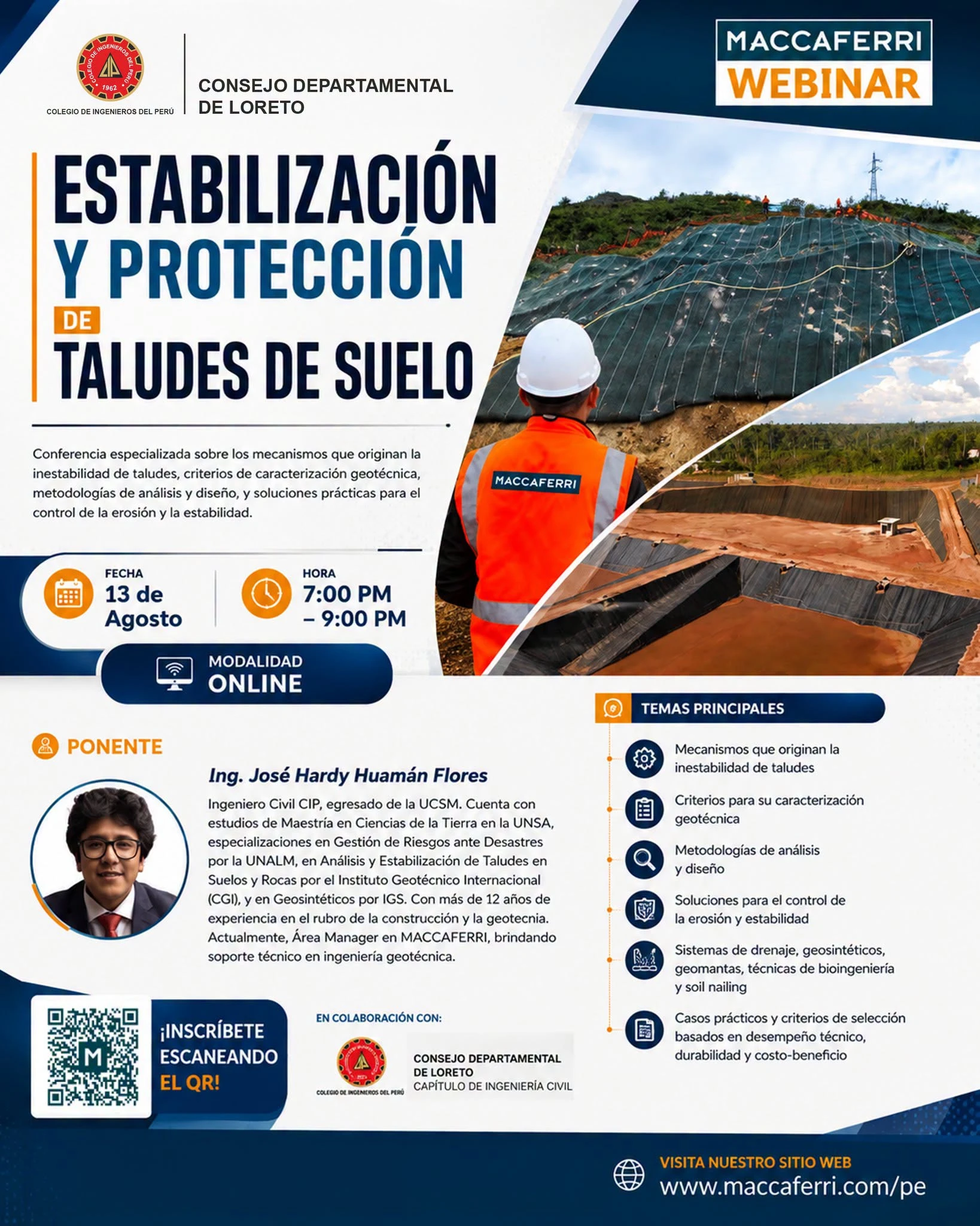 📢 El Colegio de Ingenieros del Perú – Consejo Departamental de Loreto, en coordinación con Maccaferri, te invita a participar en la conferencia técnica virtual
